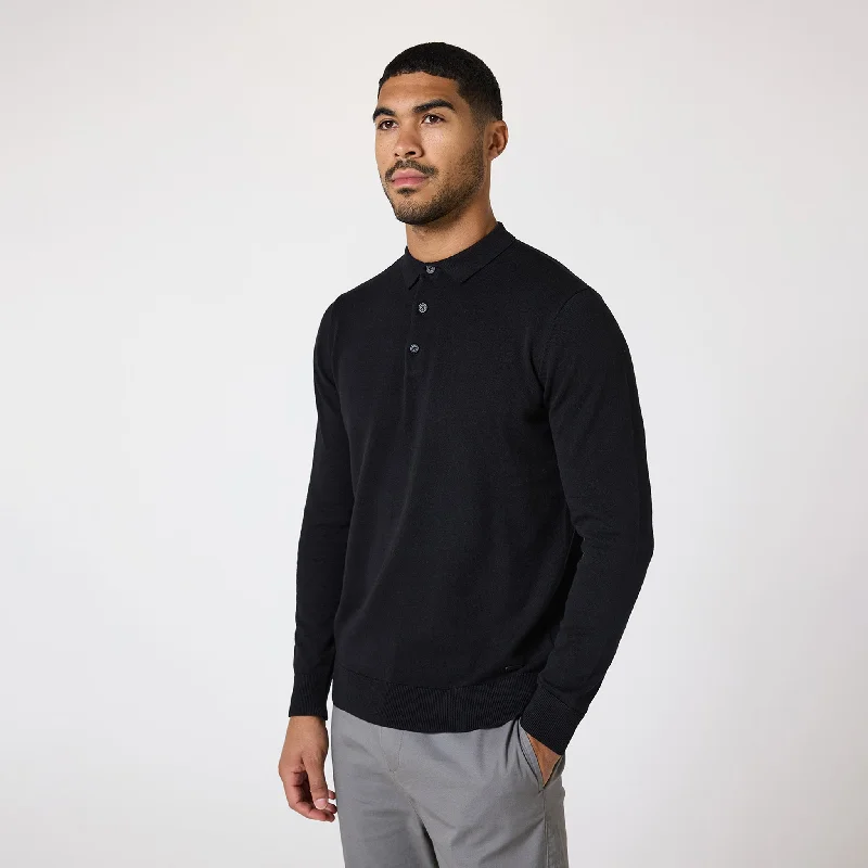 Long Sleeve Knitted Polo | Black