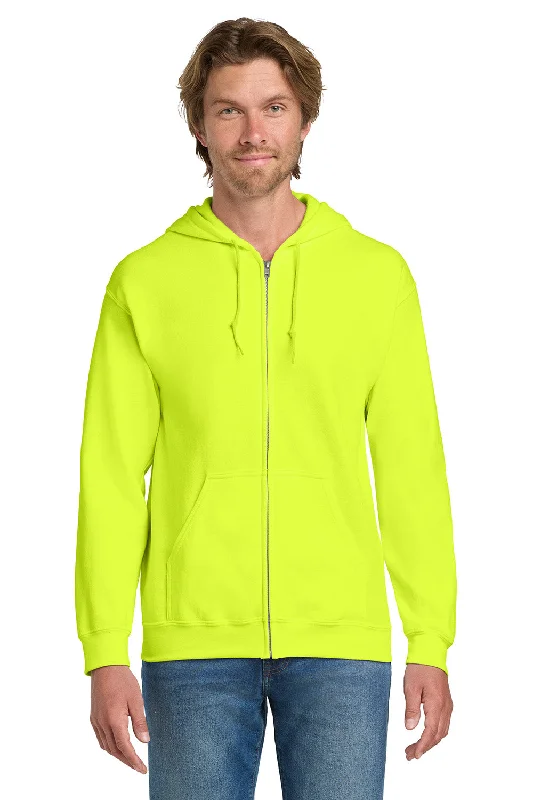 Gildan Mens Pill Resistant Full Zip Hooded Sweatshirt Hoodie w/ Pockets - Safety Green