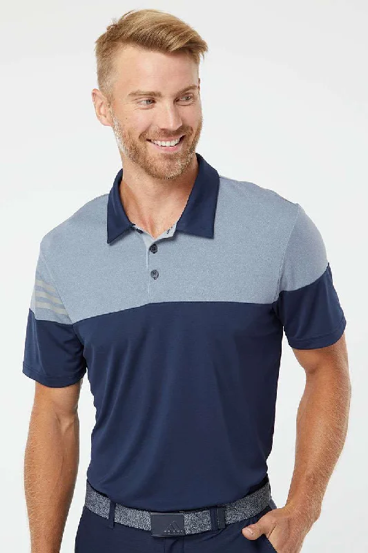 Adidas Mens 3 Stripes Colorblock Moisture Wicking Short Sleeve Polo Shirt - Collegiate Navy Blue/Mid Grey - Closeout