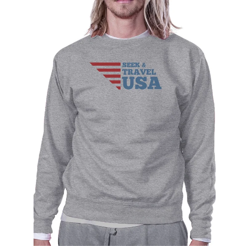 Seek & Travel USA Unisex Graphic Sweatshirt Gray Round Neck Fleece