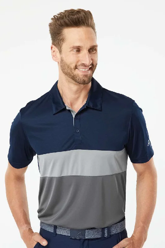 Adidas Mens Merch Block UPF 50+ Short Sleeve Polo Shirt - Collegiate Navy Blue/Grey - Closeout