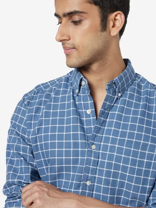 WES Casuals Blue Relaxed-Fit Checked Shirt