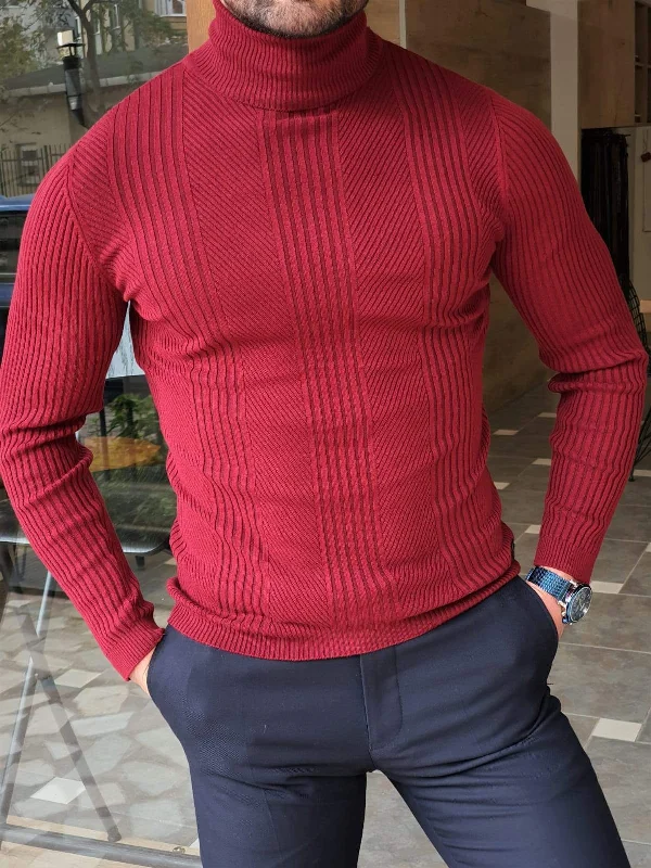 Elko Claret Red Slim Fit Striped Turtleneck Wool Sweater