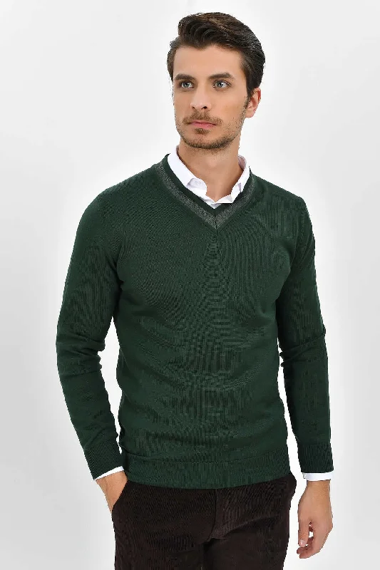 Slim Fit Green Cotton Blend V-Neck Sweater