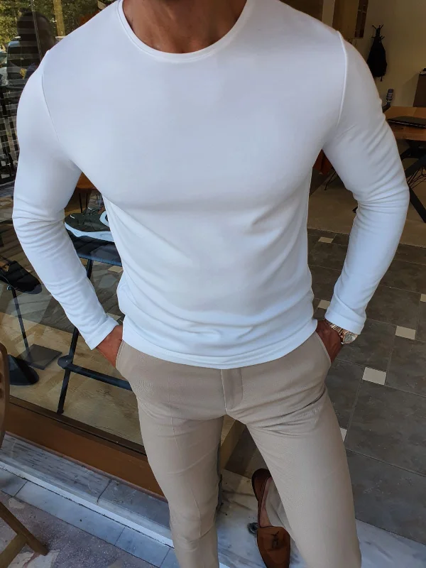 Stefano White Slim Fit Round Neck Sweater