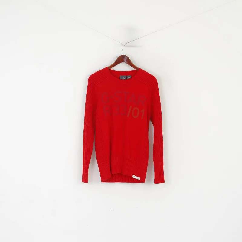 G-Star Raw Men L (M) Jumper Red Cotton Stretch Crew Neck Classic Logo Sweater