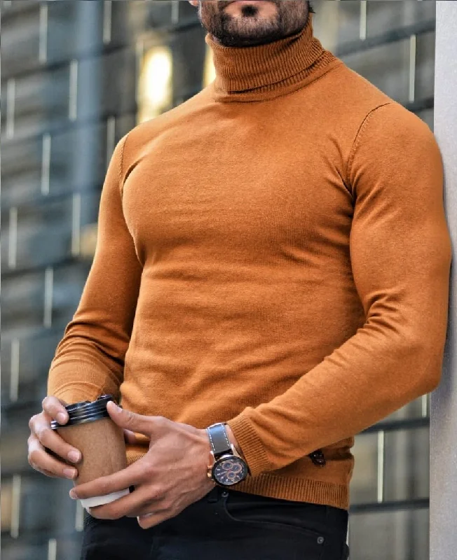 Elko Camel Slim Fit Turtleneck Wool Sweater