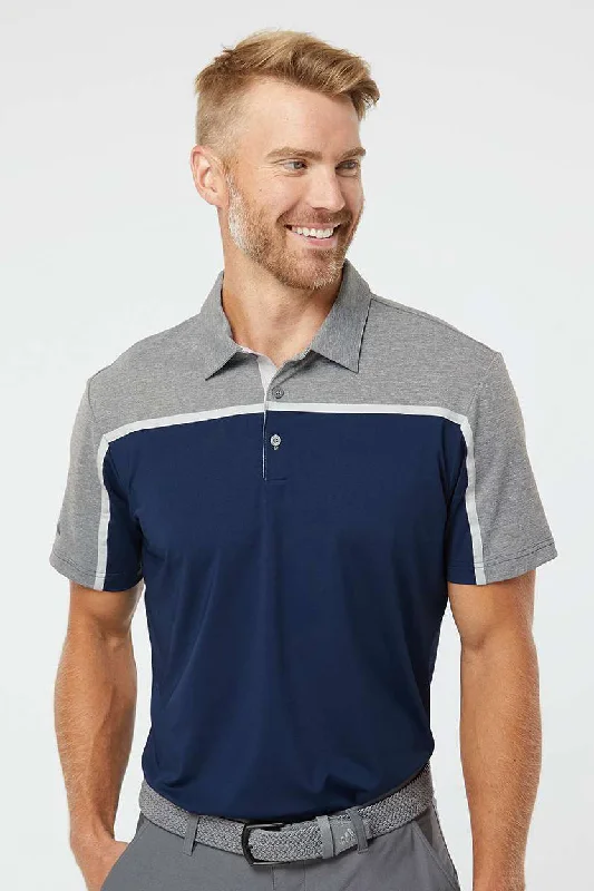 Adidas Mens Ultimate Colorblock Moisture Wicking Short Sleeve Polo Shirt - Collegiate Navy Blue/Grey/Grey Melange - Closeout