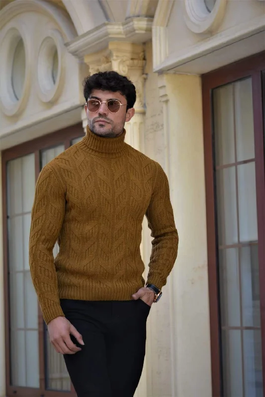 Vicenza Slim-fit Patterned Turtleneck Wool Knitwear in Camel