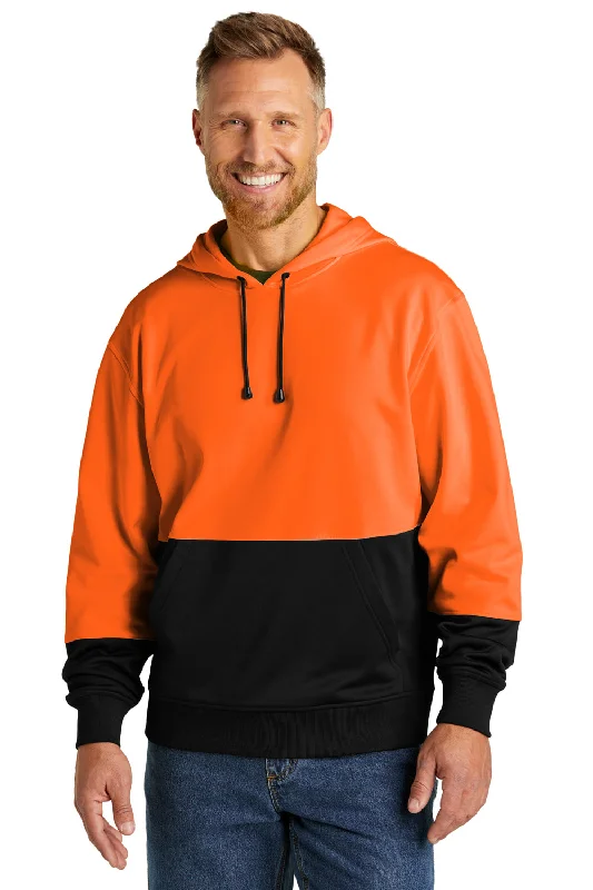 CornerStone Mens Enhanced Visibility Moisture Wicking Fleece Hooded Sweatshirt Hoodie w/ Pouch Pocket - Safety Orange