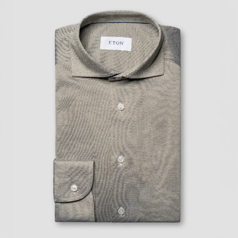 Pale Khaki Green Solid Filo Di Scozia Slim Fit Knitted Piqué Shirt - ETON