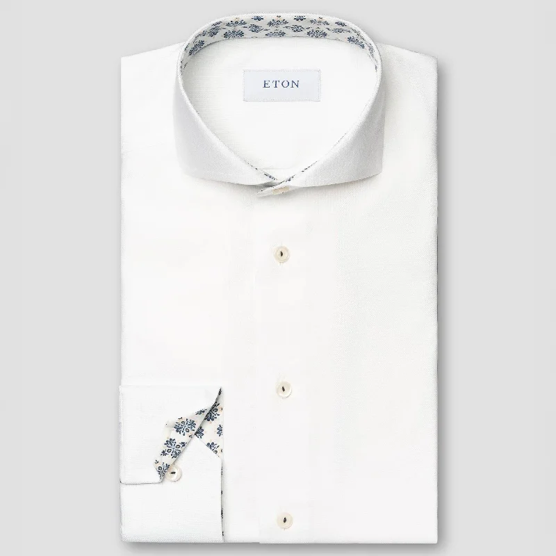 White Semi-Solid Cotton Tencel Contrast Trim Slim Fit Shirt - ETON