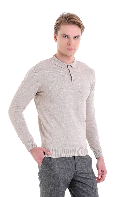 Comfort Fit Wool Blend Beige Polo Sweater