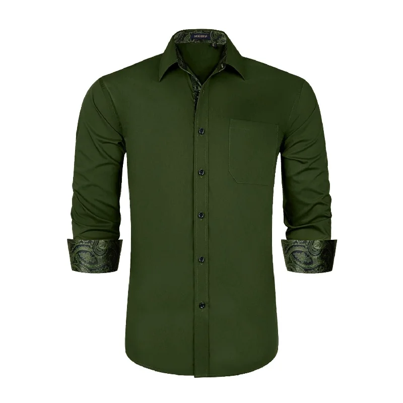 Men's Patchwork Dress Shirt with Pocket - GREEN/ARMY GREEN