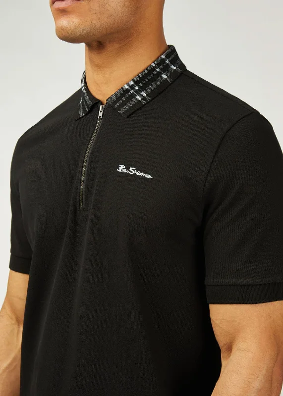 Tartan collar polo - black