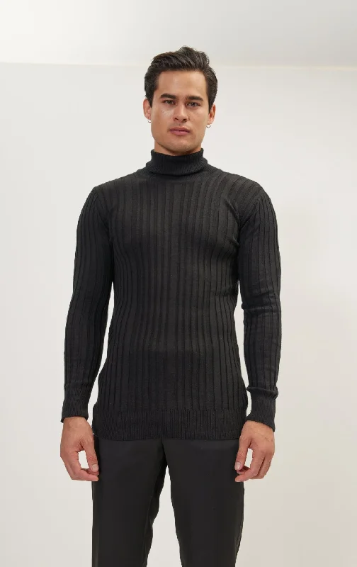 Roll Neck Ribbed Sweater - Black