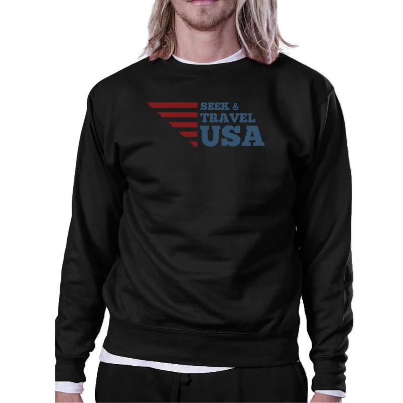 Seek & Travel USA Unisex Graphic Sweatshirt Black Round Neck Fleece