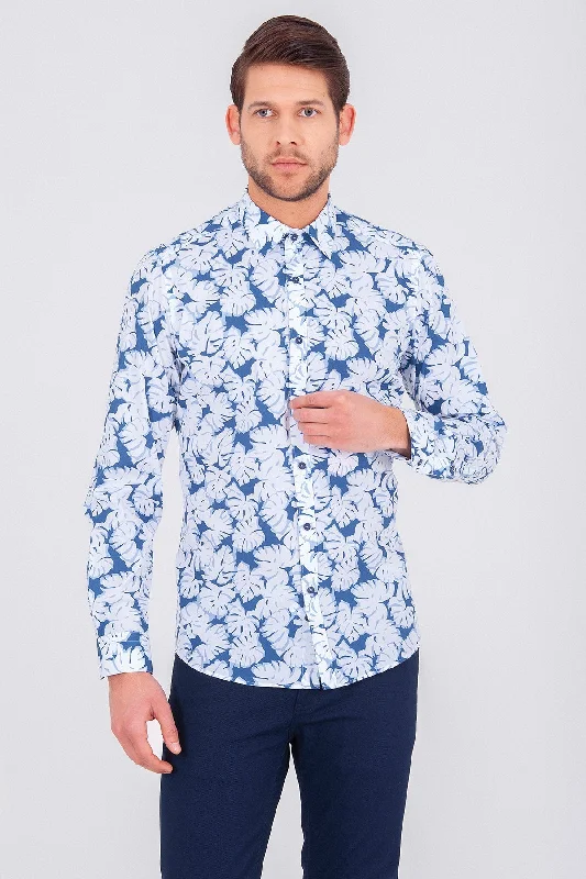 Slim Fit Long Sleeve Printed Cotton Blue Casual Shirt