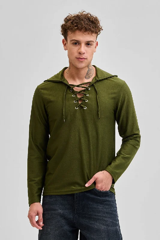 Olive Lace-Up Textured Hoodie