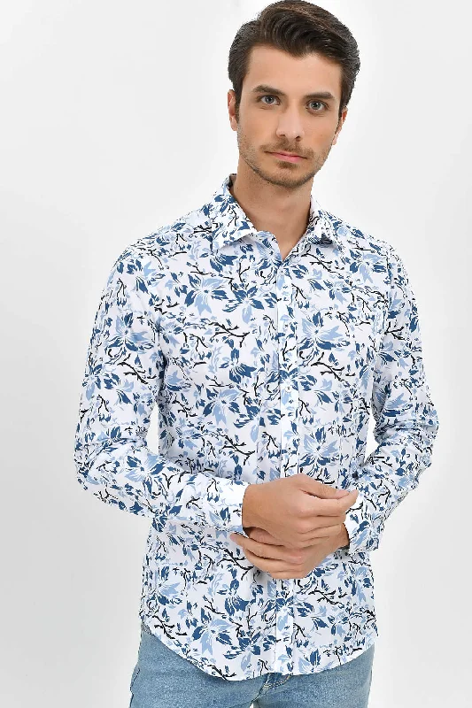 Slim Fit Blue Floral Printed Cotton Casual Shirt