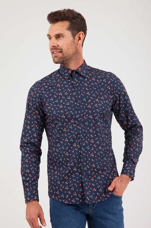 Slim Fit Long Sleeve Cotton Floral Navy Casual Shirt