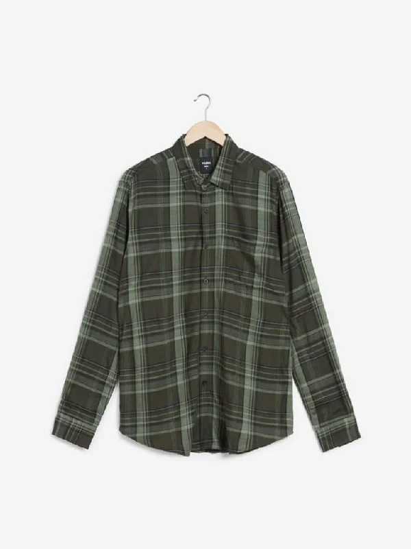 Nuon Olive Checkered Slim-Fit Shirt