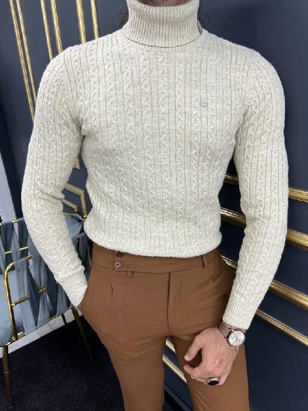 Berton Beige Slim Fit Striped Pattern Turtleneck Sweater