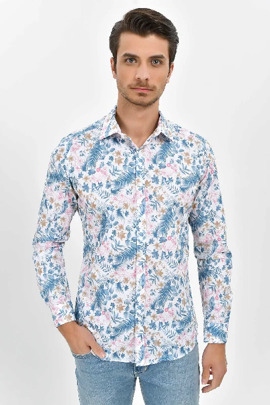 Slim Fit Long Sleeve Printed Cotton Pink Casual Shirt