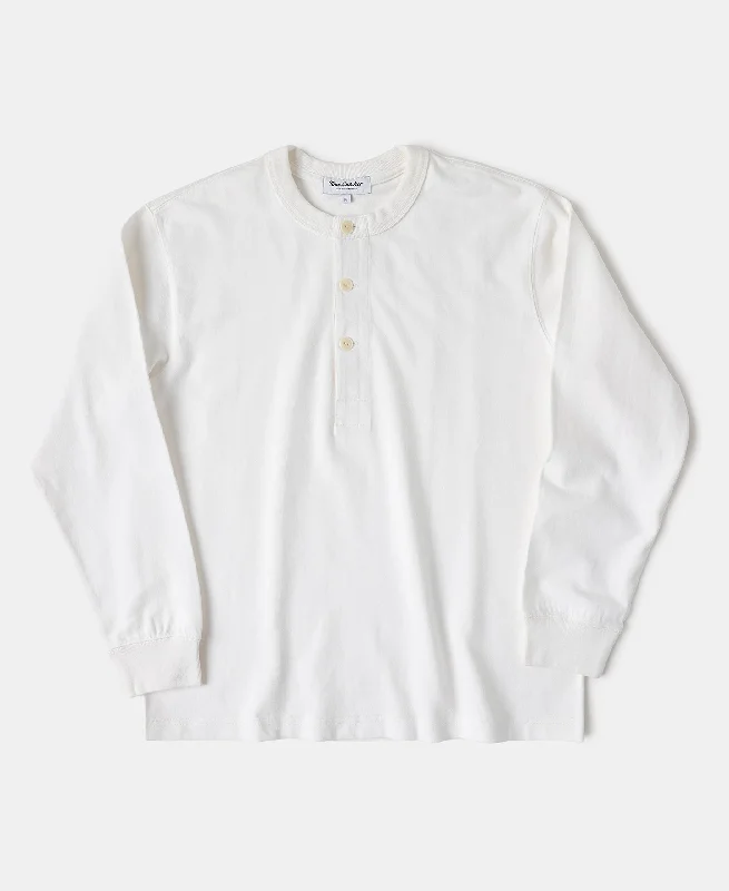 1930s 10.5 oz Cotton Loopwheel Tubular Henley Shirt - White