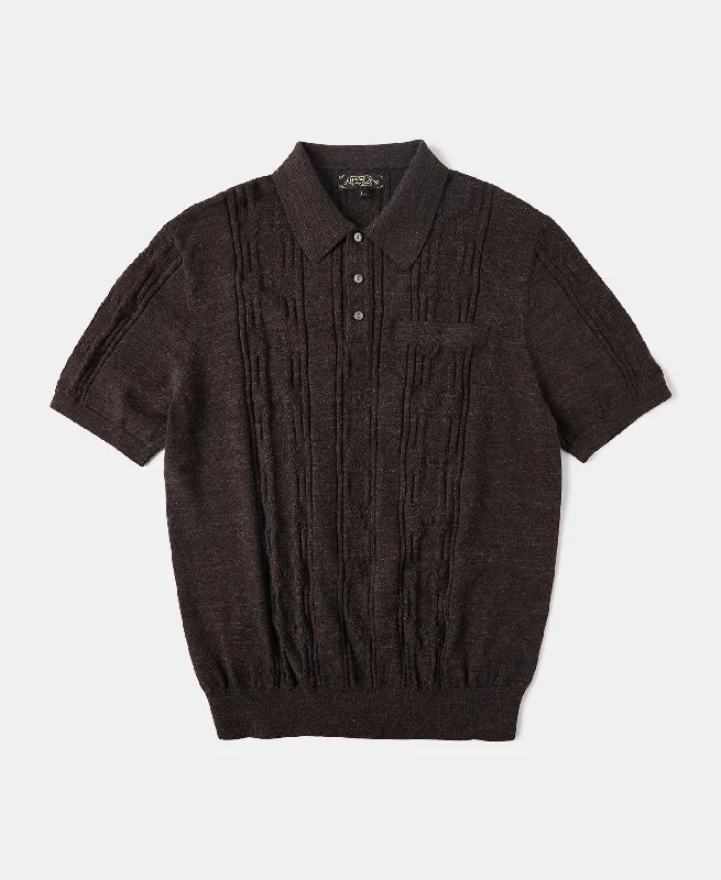 1960s Jacquard Slub Cotton Polo Shirt - Coffee