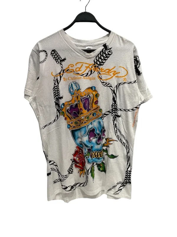 Ed Hardy/T-Shirt/L/Cotton/WHT/BLUE SKULL W/ CROWN V-NECK