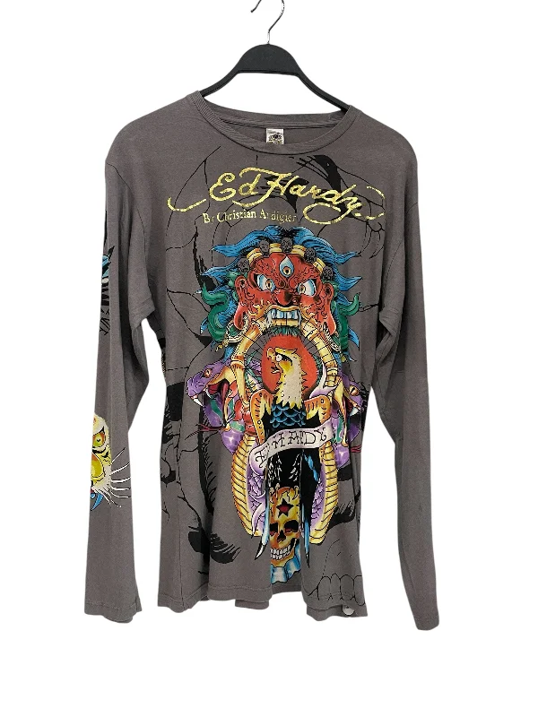 Ed Hardy/LS T-Shirt/L/Cotton/GRY/Graphic/oni mask