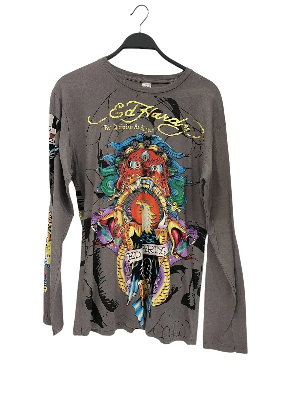 Ed Hardy/LS T-Shirt/L/Cotton/GRY/Graphic/oni mask