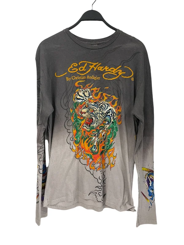 Ed Hardy/LS T-Shirt/XL/Cotton/GRY/Graphic/FLAME WHITE TIGER