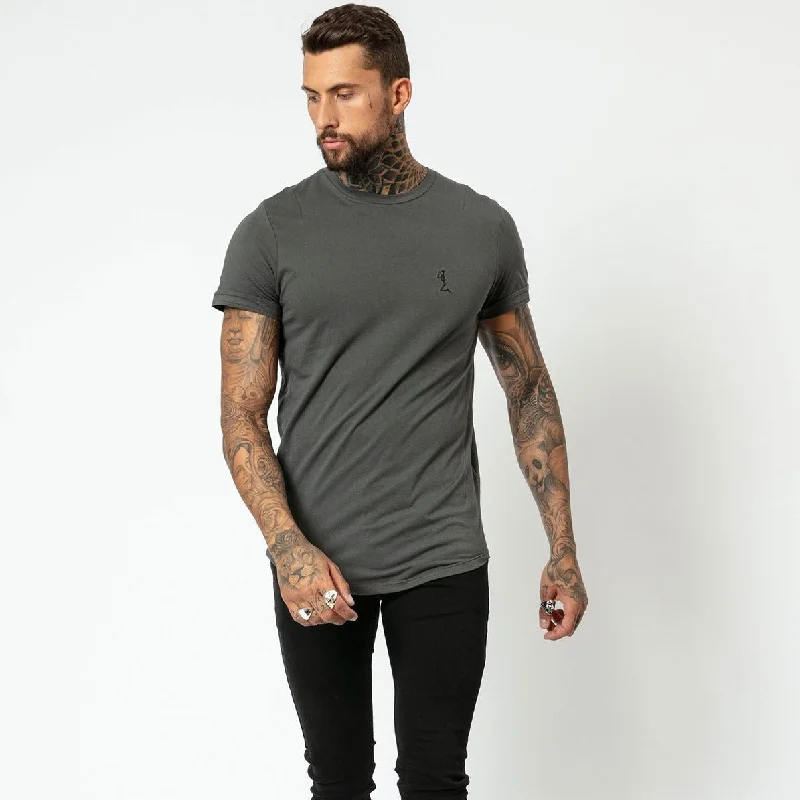 RELIGION PLAIN CREW NECK T-SHIRT WITH CURVE HEM DARK METAL