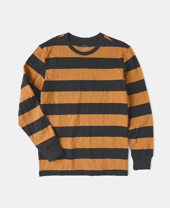 Slub Cotton Wide Striped Long Sleeve T-Shirt - Black/Orange