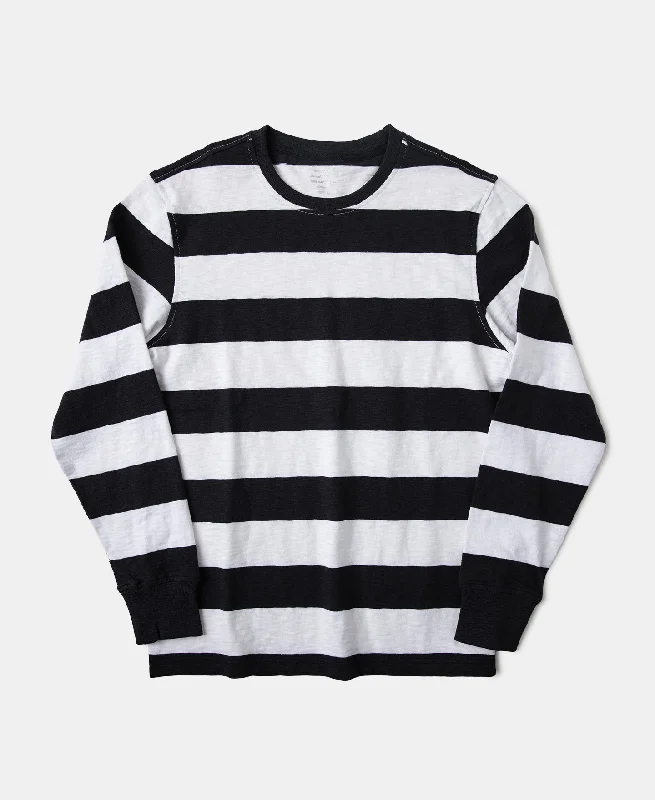 Slub Cotton Wide Striped Long Sleeve T-Shirt - Black/White